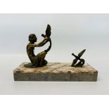 ART DECO CAST FEMALE FIGURE WITH BIRDS ON MARBLE BASE