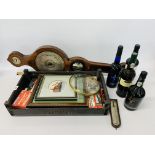 A C19TH ROSEWOOD WHEEL BAROMETER IN NEED OF RESTORATION, A GROUP OF BOOKS AND MAPS,