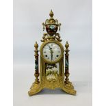 A CONTINENTAL BRASS CASED MANTEL TIME PIECE, THE MOVEMENT STRIKING ON A BELL - HEIGHT 41 CM.