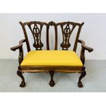 REPRODUCTION 2 SEATER CHILD'S CHAIR WITH YELLOW UPHOLSTERED INSERT - H 64CM X W 29CM X L 75CM.