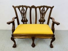REPRODUCTION 2 SEATER CHILD'S CHAIR WITH YELLOW UPHOLSTERED INSERT - H 64CM X W 29CM X L 75CM.