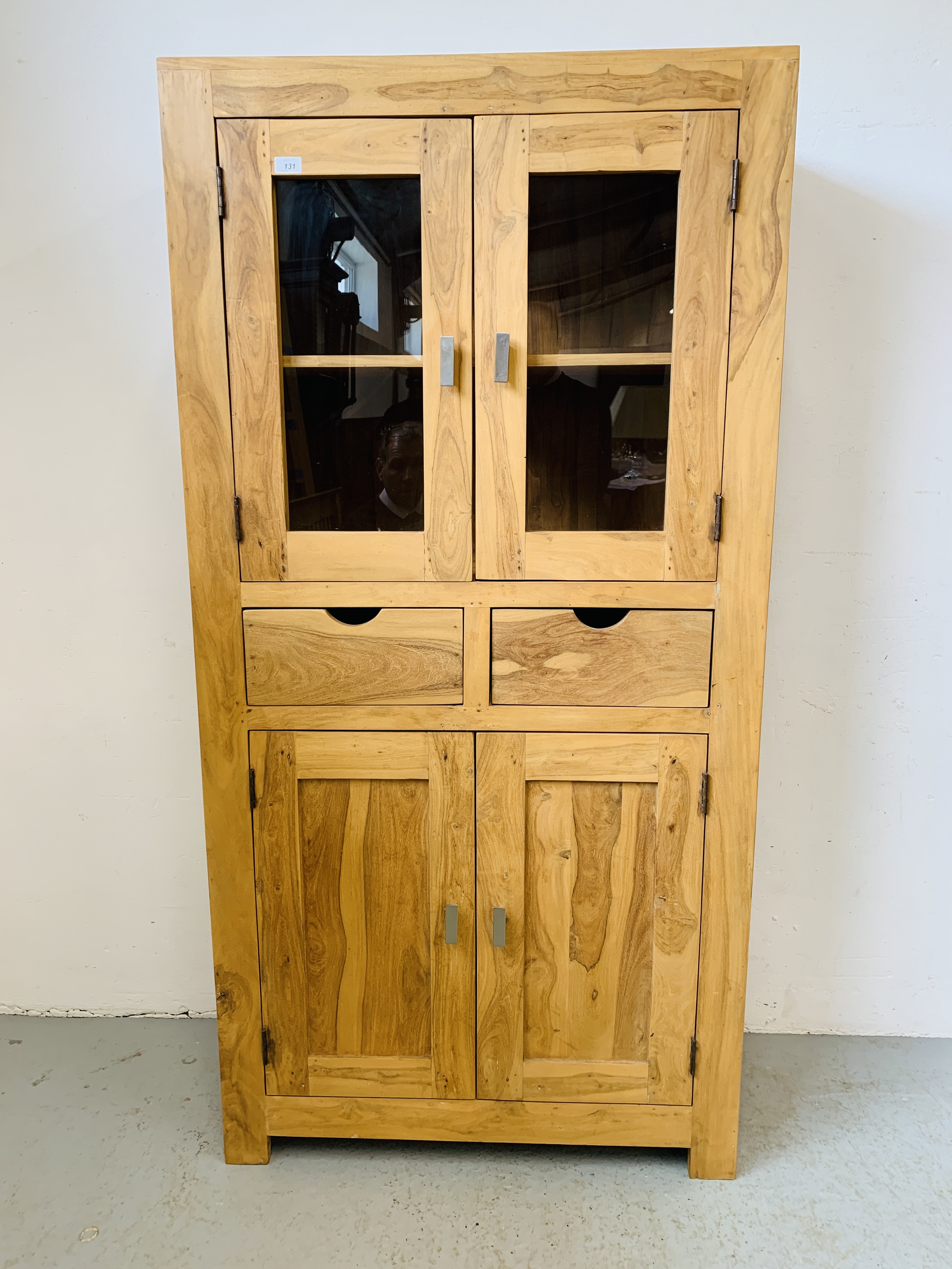 HARDWOOD ACACIA PART GLAZED CABINET WITH TWO CENTRAL DRAWERS - W 90CM. D 40CM. H 180CM.