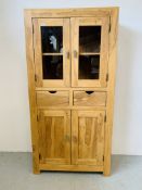 HARDWOOD ACACIA PART GLAZED CABINET WITH TWO CENTRAL DRAWERS - W 90CM. D 40CM. H 180CM.