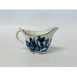 AN C18TH CENTURY BLUE AND WHITE CREAM JUG PAINTED WITH ORIENTAL DESIGN BELIEVED TO BE CAUGHLEY