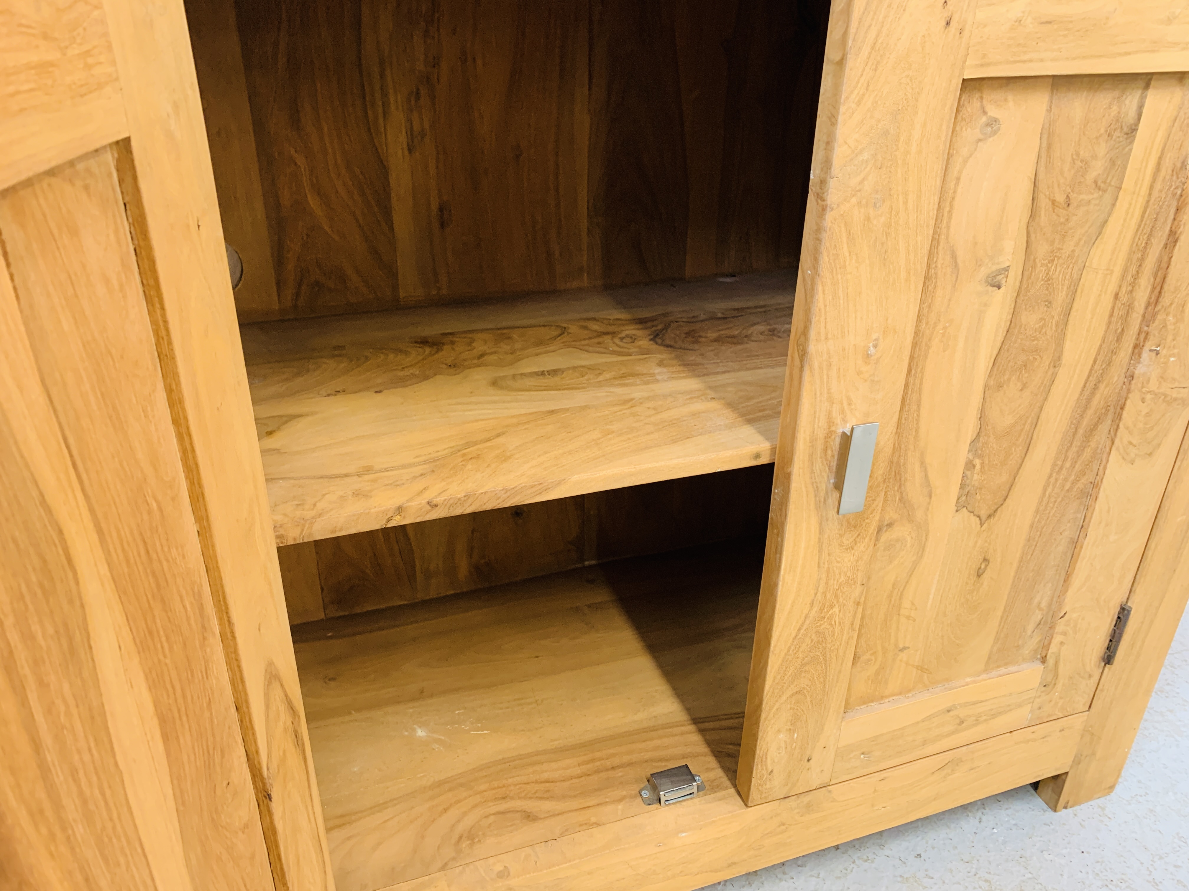 HARDWOOD ACACIA PART GLAZED CABINET WITH TWO CENTRAL DRAWERS - W 90CM. D 40CM. H 180CM. - Image 8 of 8