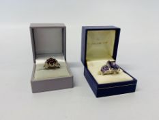 2 X SILVER DRESS RINGS, ONE SET WITH PURPLE STONE,
