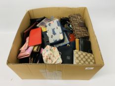BOX CONTAINING LARGE QUANTITY OF ASSORTED WALLETS AND PURSES TO INCLUDE DESIGNER BRANDED AND