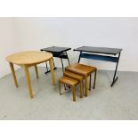 TWO METAL FRAMED WORK TABLES,