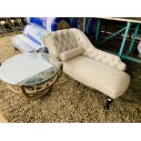 A SMALL CHAISE LOUNGE AND A BAMBOO FRAMED COFFEE TABLE WITH GLASS TOP PLUS A WHITE FINISH SINGLE