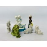 2 PARIAN DOGS AND A SEATED BOY, ART DECO GREEN GLAZED DOG (NIBBLES TO BASE),