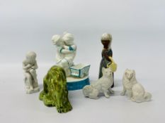 2 PARIAN DOGS AND A SEATED BOY, ART DECO GREEN GLAZED DOG (NIBBLES TO BASE),