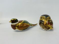TWO ROYAL CROWN DERBY BIRDS "OWL" AND "WOODLAND PHEASANT" (BOTH WITH GOLD STOPPERS)