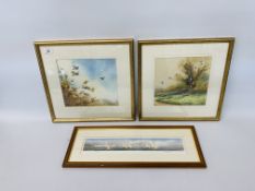 A PAIR OF FRAMED AND MOUNTED SIMON TRINDER WATERCOLOURS "GREY PARTRIDGES OVER HEDGE" & "GREY