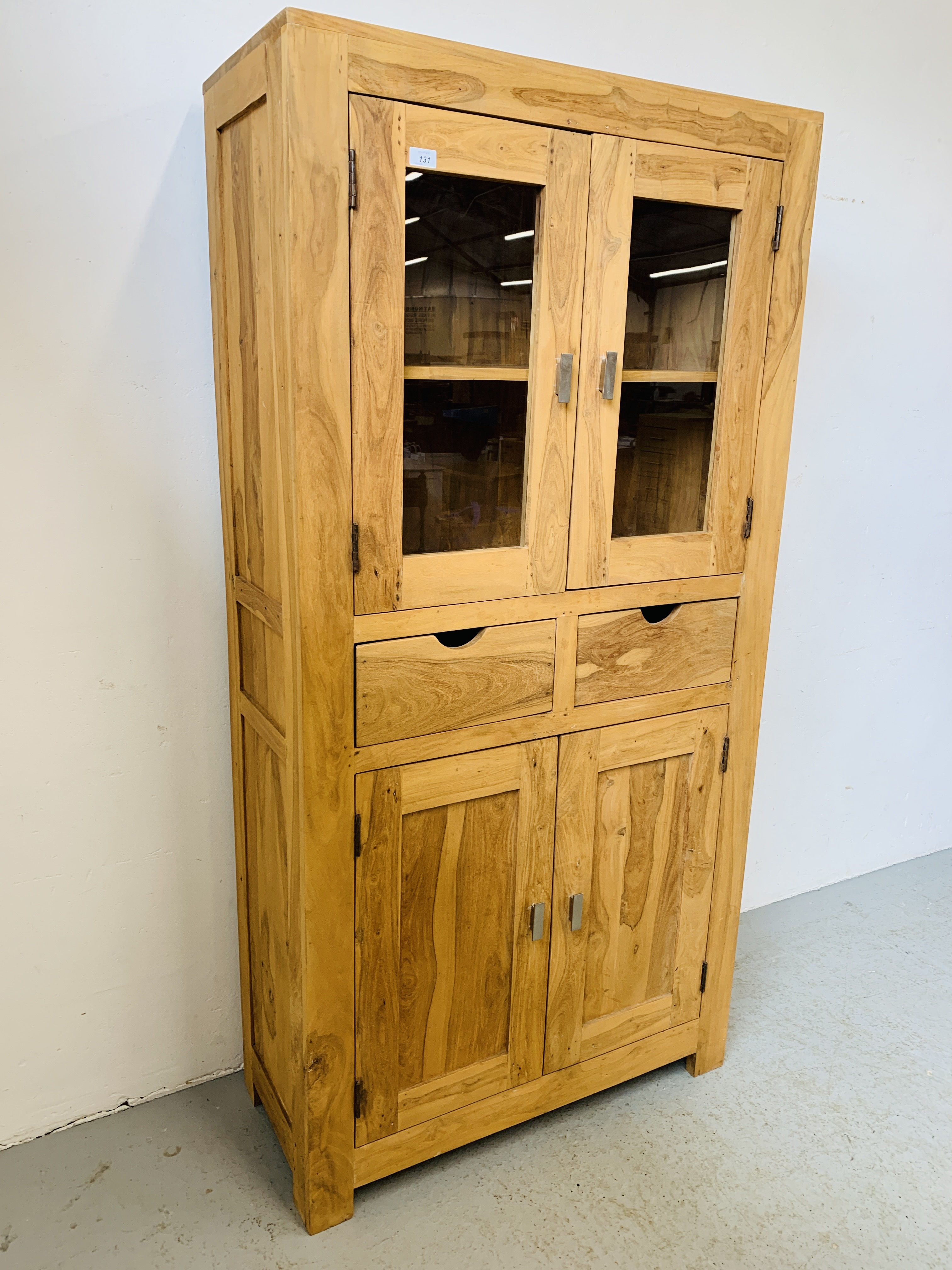 HARDWOOD ACACIA PART GLAZED CABINET WITH TWO CENTRAL DRAWERS - W 90CM. D 40CM. H 180CM. - Image 3 of 8