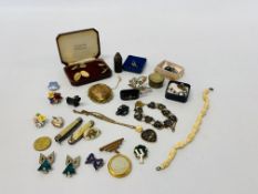 BOX OF MIXED VINTAGE JEWELLERY, ENAMELLED BADGES, PEWTER HARVEST MOUSE, 2 X FRUIT KNIVES,