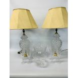 A PAIR OF HOBNAIL GLASS TABLE LAMPS WITH IVORY SILK SHADES,