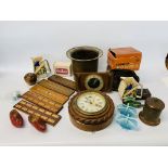 BOX OF MIXED COLLECTIBLES TO INCLUDE BRASS ENGRAVED PLANT POT, CRIBBAGE BOARDS,