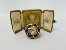 SILVER AND ENAMELED TRAVELLING CLOCK (CASE MARKED WITH A CHESTER ASSAY) IN A FITTED HARRODS BOX