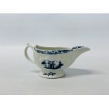 C18TH LOWESTOFT BLUE AND WHITE SAUCE BOAT WITH PAGODA DESIGN A/F