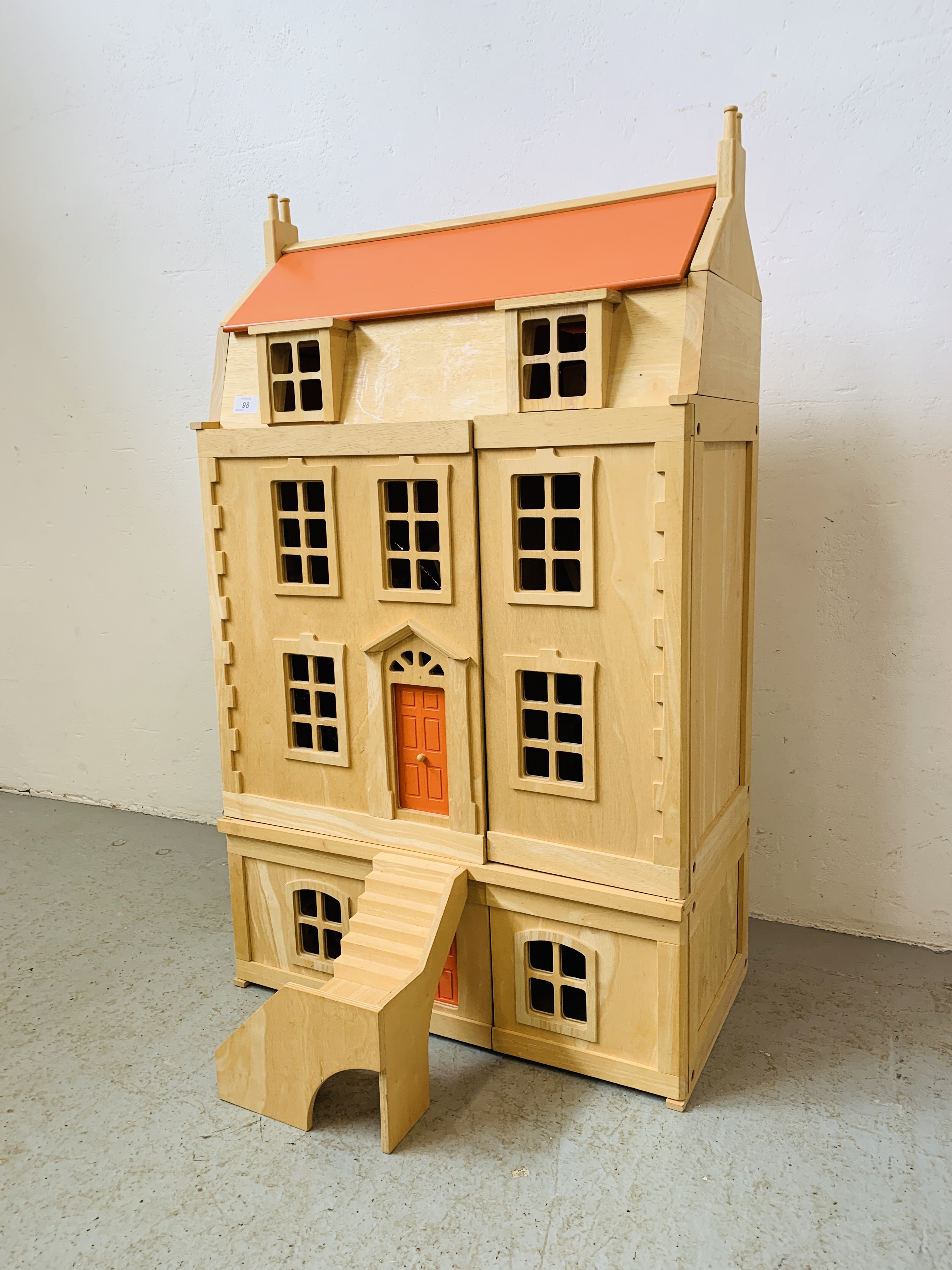 A GEORGIAN STYLE MODERN FOUR STOREY DOLLS HOUSE WITH FURNISHINGS AND FIGURES - W 64CM. D 34CM. - Image 2 of 8