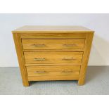 A MODERN LIGHT OAK THREE DRAWER CHEST - W 86CM. D 45CM. H 77CM.