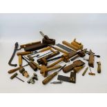 QUANTITY OF VINTAGE WOODEN HAND TOOLS TO INCLUDE PLANES, MEASURES, CHISELS, MARKING GAUGE ETC.