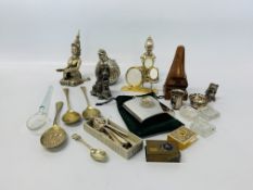 BOX OF COLLECTIBLES TO INCLUDE MATCH BOX HOLDERS, JOHN JAMESON HIP FLASK, TEA SPOONS PLATED WARE,