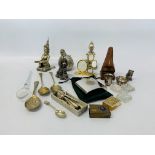 BOX OF COLLECTIBLES TO INCLUDE MATCH BOX HOLDERS, JOHN JAMESON HIP FLASK, TEA SPOONS PLATED WARE,