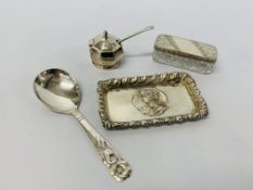 SILVER MUSTARD POT AND BLUE GLASS LINER (SPOON PLATED), DANISH SILVER POPPY SPOON COPENHAGEN 1920,