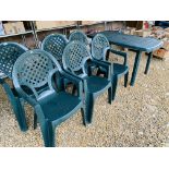 A GREEN UPVC SET OF PATIO DINING FURNITURE CONSISTING OF TABLE AND SIX CHAIRS