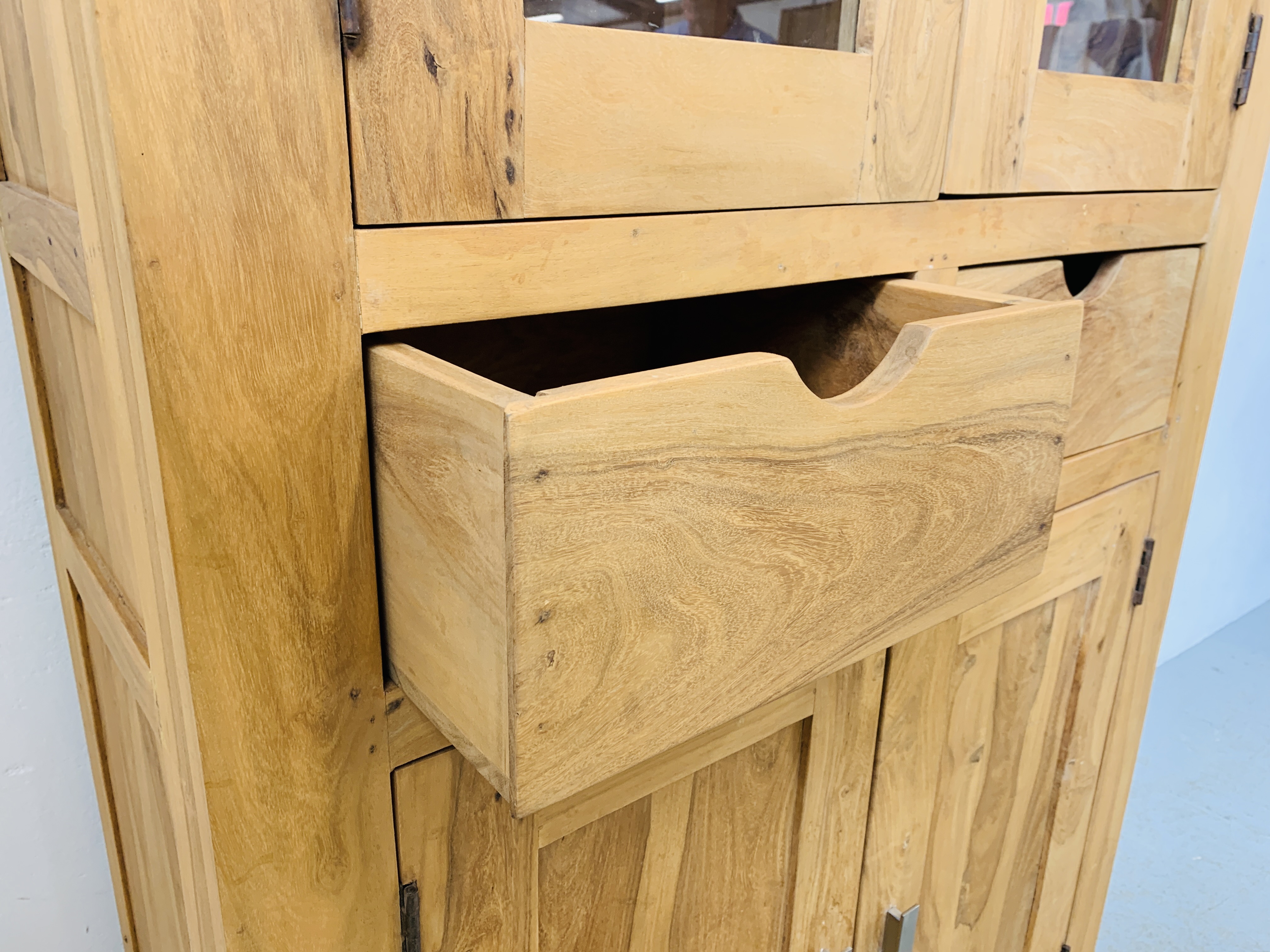 HARDWOOD ACACIA PART GLAZED CABINET WITH TWO CENTRAL DRAWERS - W 90CM. D 40CM. H 180CM. - Image 7 of 8