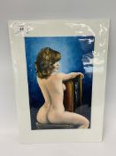 AN ORIGINAL KRYS LEACH OIL ON BOARD NUDE STUDY "BACK SEAT" 31 CM X 21 CM.