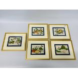 SET OF 5 FRAMED C19 CHINESE PITH PAINTINGS OF FRUIT.