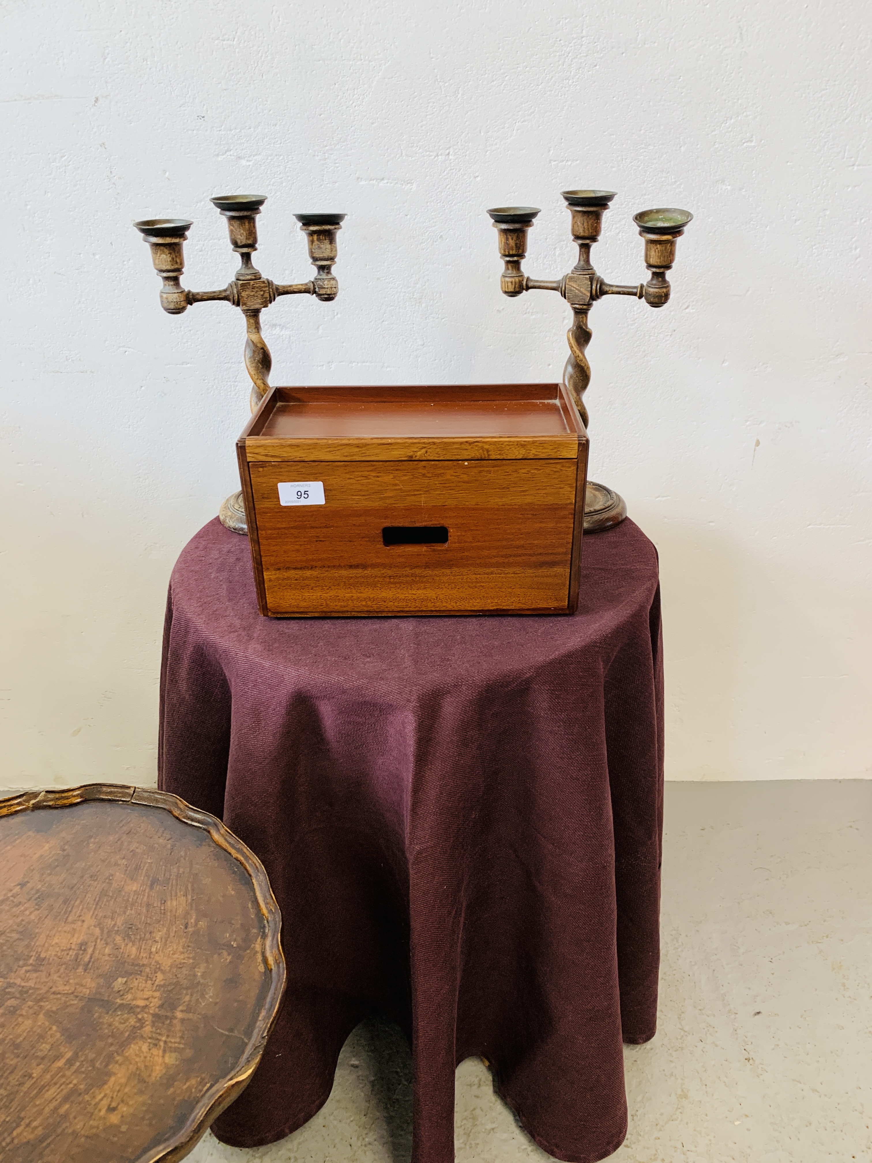 A MAHOGANY SINGLE DRAWER CD STORAGE BOX, PAIR OF OAK BARLEY TWIST CANDELABRA, - Image 2 of 10