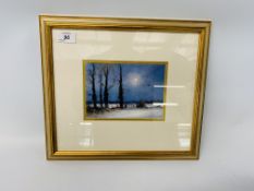 FRAMED OIL ON BOARD BEARING SIGNATURE "JAMES ALLEN" WINTER MOONLIGHT NEAR REEDHAM NORFOLK H 12 CM X