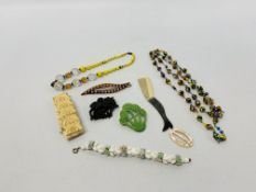 BOX OF VINTAGE JEWELLERY TO INCLUDE GLASS BEADS, ARTS & CRAFTS STYLE BROOCH, HAIR CLIP,