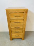 A MODERN LIGHT OAK FIVE DRAWER CHEST - W 51CM. D 40CM. H 107CM.