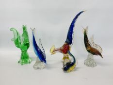 5 PIECES OF 1970'S STYLE MARANO GLASS STUDIES TO INCLUDE PEACOCK, CHICKEN,