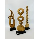 THREE DESIGNER WOODEN SCULPTURES (ONE A/F)