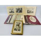 BOX OF APPROX 38 FASHION PRINTS AND ETCHINGS WITH HAND COLOURED DETAIL AND FRAMED FRENCH COIFFEUR