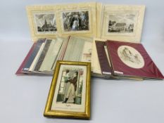 BOX OF APPROX 38 FASHION PRINTS AND ETCHINGS WITH HAND COLOURED DETAIL AND FRAMED FRENCH COIFFEUR