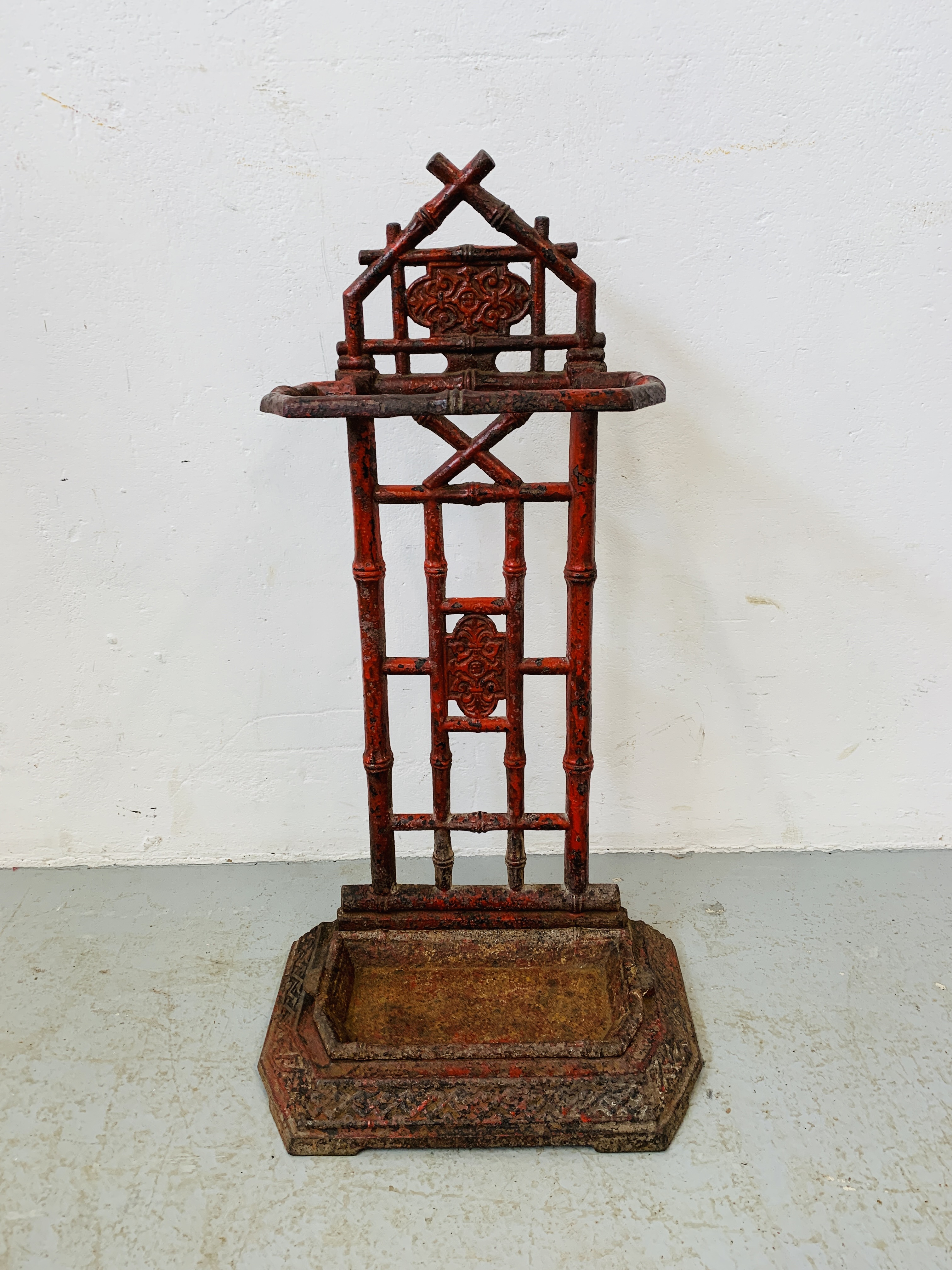 ANTIQUE CAST IRON UMBRELLA STAND - BAMBOO DESIGN (FLAKED RED PAINT) H 70CM.