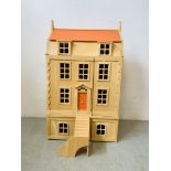 A GEORGIAN STYLE MODERN FOUR STOREY DOLLS HOUSE WITH FURNISHINGS AND FIGURES - W 64CM. D 34CM.