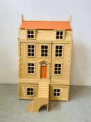 A GEORGIAN STYLE MODERN FOUR STOREY DOLLS HOUSE WITH FURNISHINGS AND FIGURES - W 64CM. D 34CM.