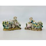 PAIR OF C19TH VOLKSTEDT SWEETMEAT DISHES WITH BOY AND GIRL FIGURES IN CLASSICAL DRESS.