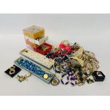BOX OF ASSORTED COSTUME JEWELLERY TO INCLUDE MAINLY BEADS + SMALL 4 DRAWER CHEST AND CONTENTS ETC.
