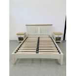 A PREMIER COLLECTION DESIGNER KING SIZE BEDSTEAD WITH MATCHING PAIR OF SINGLE DRAWER BEDSIDE STANDS