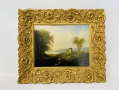 C19 GILT FRAMED OIL ON BOARD DEPICTING CONTINENTAL STREAM AND FOLLY WITH FIGURE - NO VISIBLE
