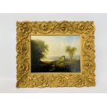 C19 GILT FRAMED OIL ON BOARD DEPICTING CONTINENTAL STREAM AND FOLLY WITH FIGURE - NO VISIBLE