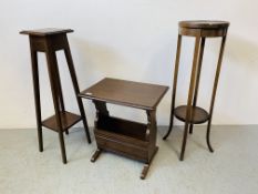 A SOLID OAK OCCASIONAL TABLE WITH MAGAZINE RACK BELOW ALONG WITH TWO PLANT STANDS